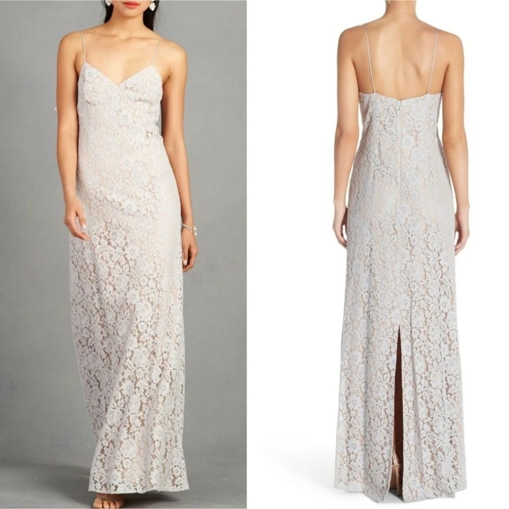Donna Morgan Collection Lace Spaghetti Strap Maxi Evening Dress Platinum Bridal